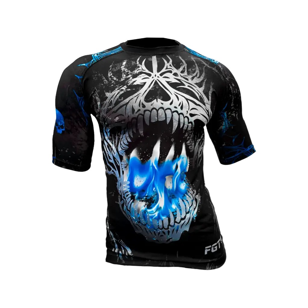 [FGT-RA034-UNI_S] Rashguard Ranglan Corta Skull (negra con calavera y fuego) (S)