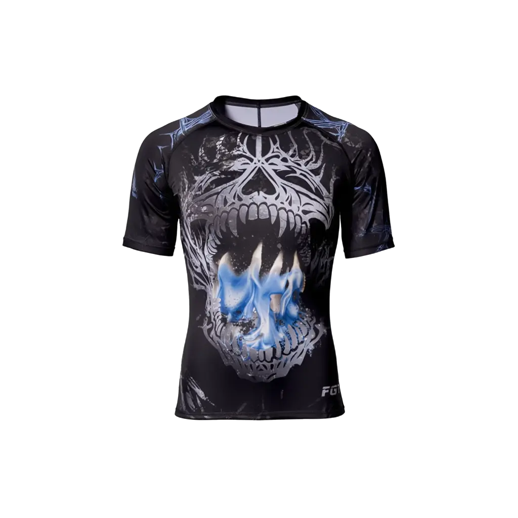 NO USAR!!! Rashguard ranglan m/corta Skull (negra con calavera y fuego)